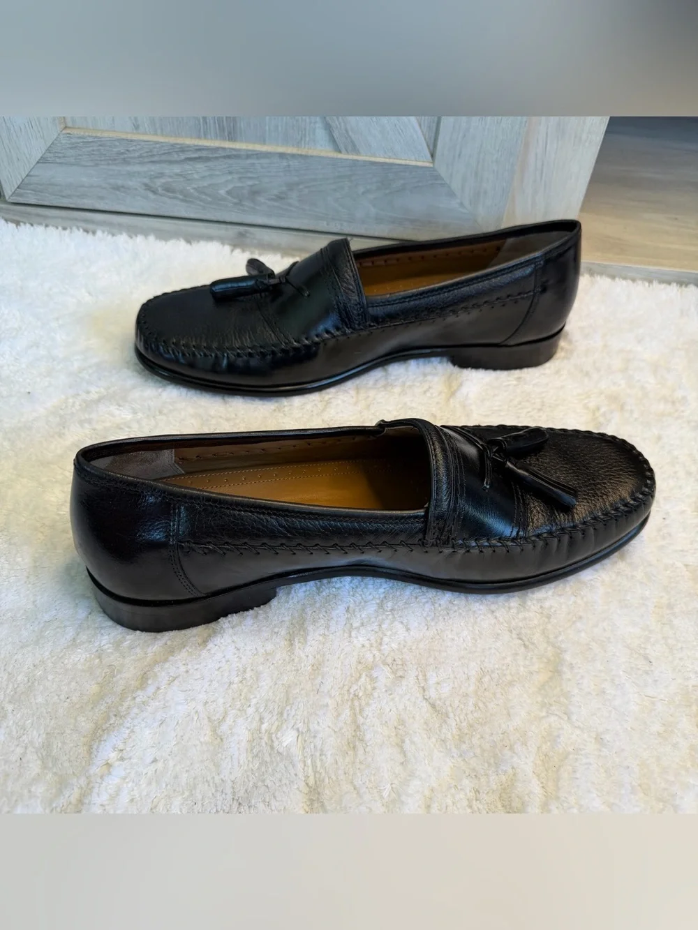 Brass Boot Loafers Black Leather Tassel Moc Round Toe Shoes Size 11.5